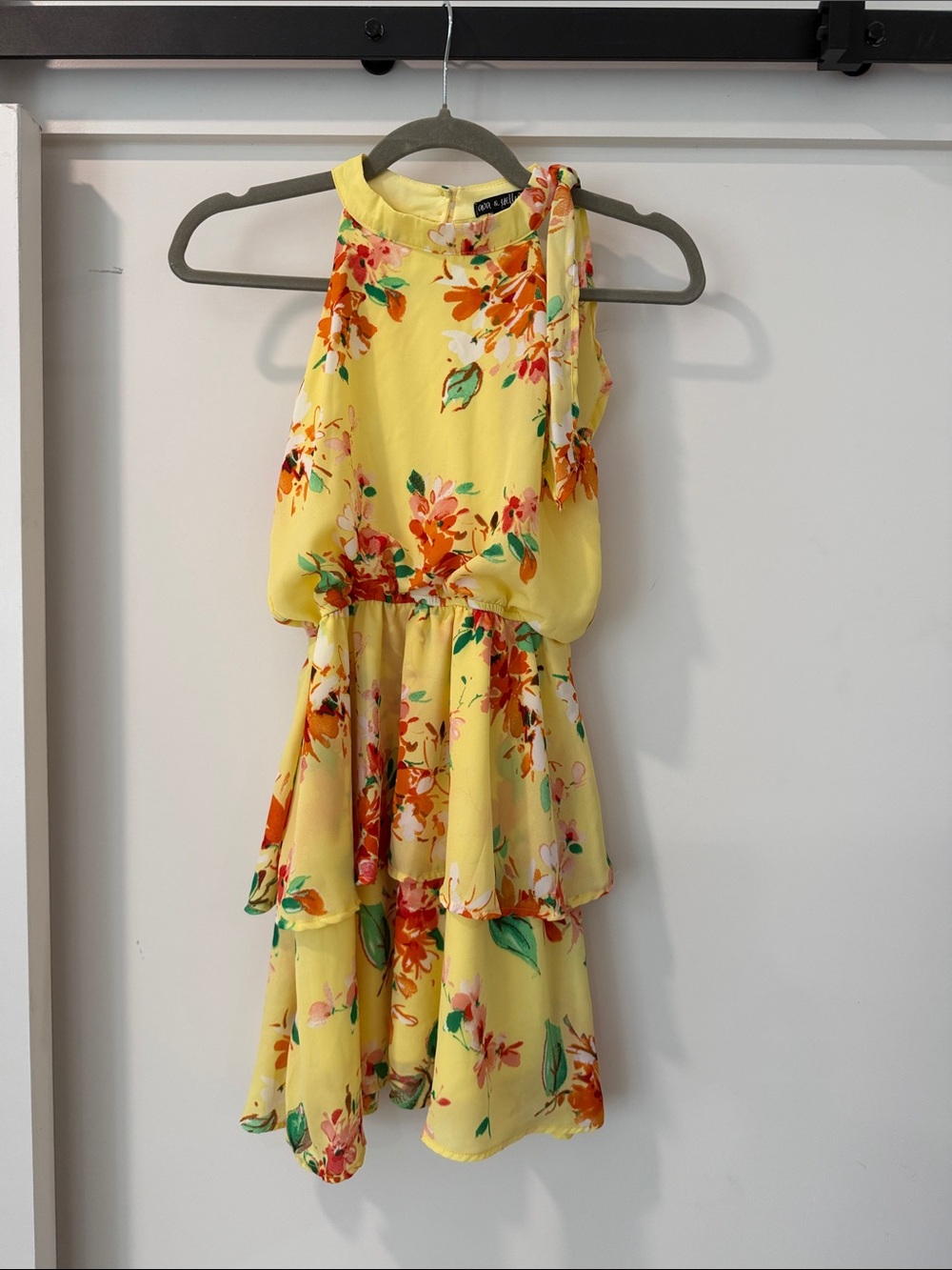 Yellow Floral Halter Tiered Girls' Dress